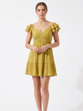 Blu Pepper Ruffle-Sleeve Mini Dress in Green - L
